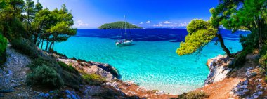 Vahşi Güzellik ve Skopelos Island en iyi plajlar. Kastani plaj. Kuzey: Sporades, Yunanistan