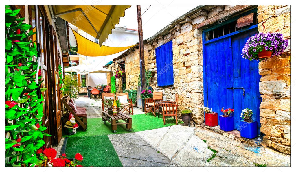 Charming streets with cute cafe bars in old traditional villages,Omodos,Cyprus island.