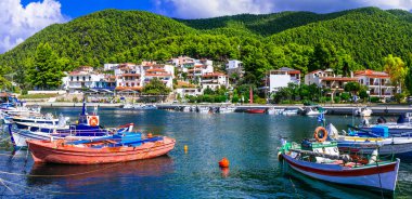 Güzel yeşil Skopelos Island - geleneksel balıkçı köyü Neo Klima, Yunanistan.