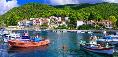 Beautiful green Skopelos island- traditional fishing village Neo Klima, Greece. clipart