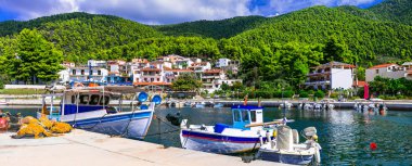 Güzel gren Skopelos Island - geleneksel balıkçı köyü Neo Klima, Yunanistan.