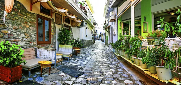 Grecia Colorida Tradicional Encantadoras Calles Antiguas Isla Skiathos — Foto de Stock