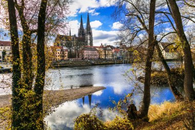 Almanya - güzel Regensburg şehir Tuna Nehri üzerinde yerlerinden.