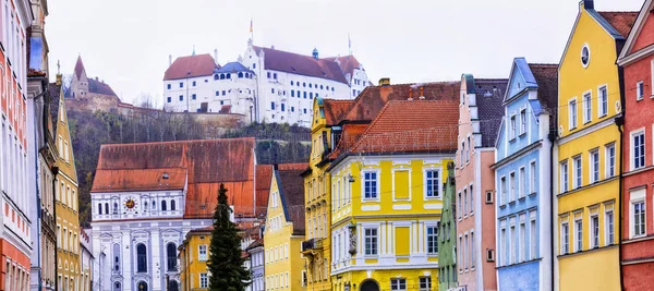 Beautiful places of Germany- Landshut town in Bavaria. View with old castle and traditional houses.