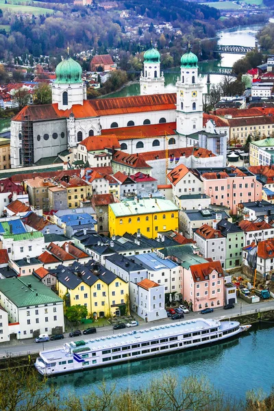 Travel Germany Boat Cruise Danube River Beautiful Passau Town Panoramic — стоковое фото