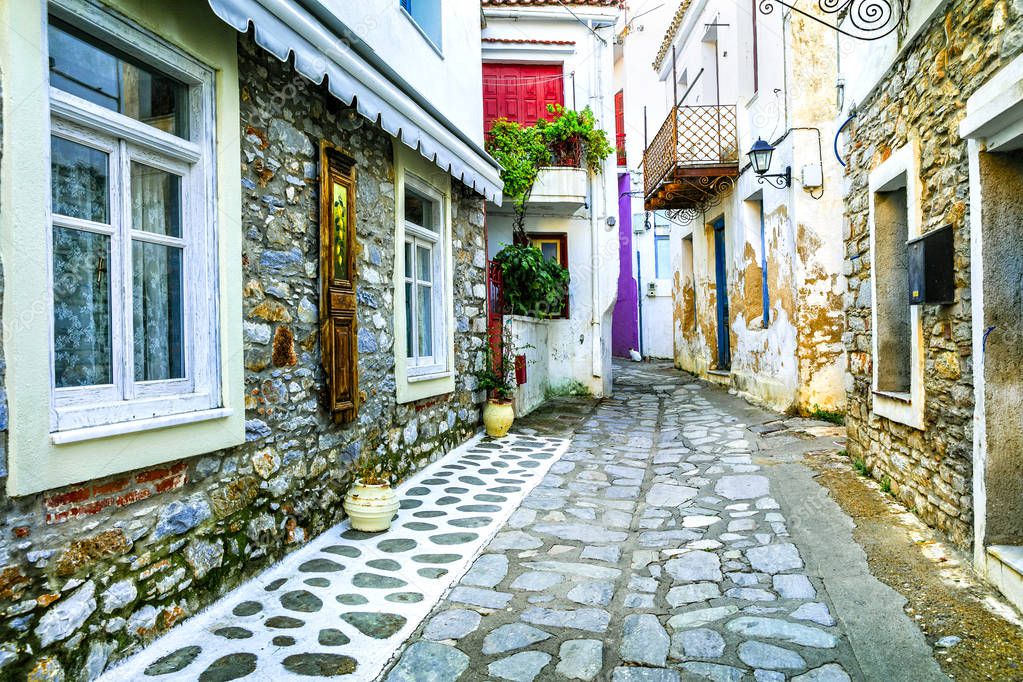 traditional colorful Greece series - charming old streets in  Skiatos .