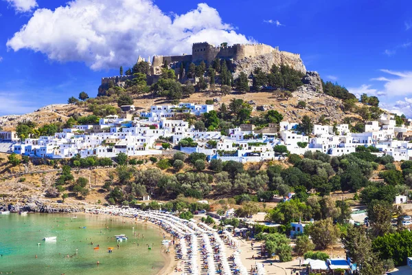 Ilha Rodes Baía Lindou Popular Com Castelo Acrópole Marco Grécia — Fotografia de Stock