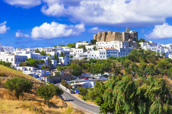 Традиційні Білими Будинками Старий Замок Острові Патмос Греція — стокове фото