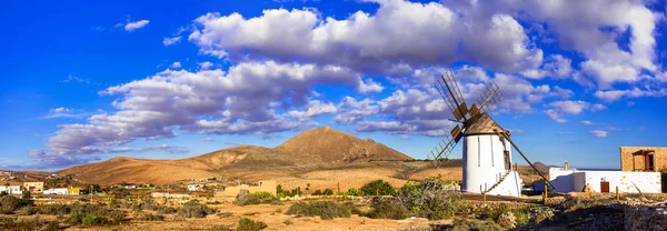 火山的景观富埃特文图拉 与传统风车和山脉的看法 靠近泰菲亚村 加那利岛 西班牙 — 图库照片