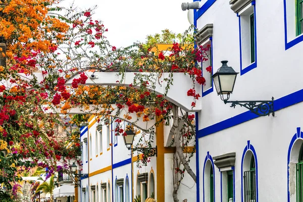 Charmiga Blommor Dekorerade Gatorna Puerto Mogan Gran Canaria Spanien — Stockfoto