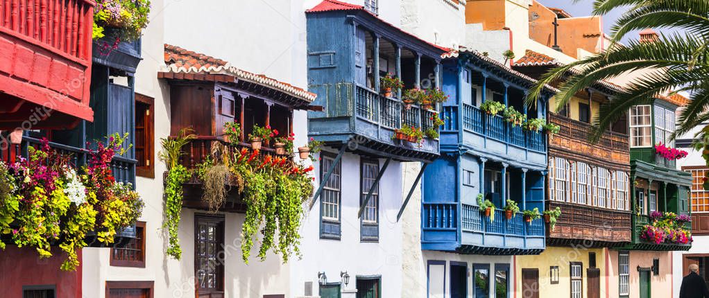 Traditional colonial architecture of Canary islands .Colorful traditional balconies in Santa Cruz de La Palma.Spain.