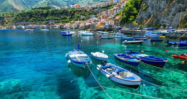 美しい海と伝統的な漁船とカラブリア Scilla の町の場所. — ストック写真