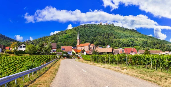 Região da Alsácia da França - famosa "Rota da videira". belas vinhas e pequena aldeia . — Fotografia de Stock