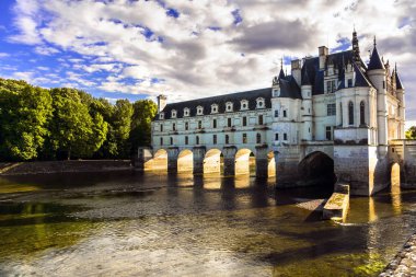 Görkemli Chenonceau kaleye günbatımı, Beautiful kaleler Loire Valley, Fransa.