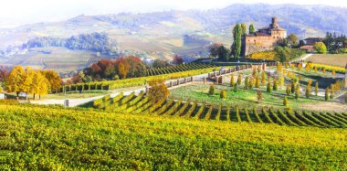 İtalya'da şarap turu. Piedmont, Barolo köyü ve kale. Sonbahar renkleri.