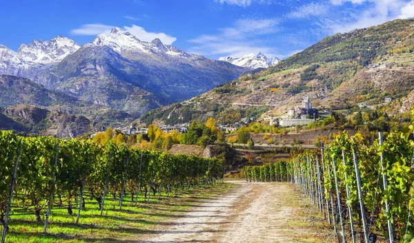Působivé Alpy, malebné údolí hradů a vinic, Valle d Aosta, Itálie. — Stock fotografie