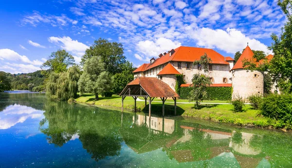 Csodálatos romantikus kastély a sziget középkori Grad Otocec Szlovéniában. — Stock Fotó