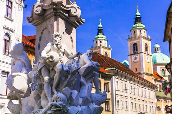 Turistické zajímavosti Slovinska - krásná Lublaň s barokní katedrálou a kašnou. — Stock fotografie