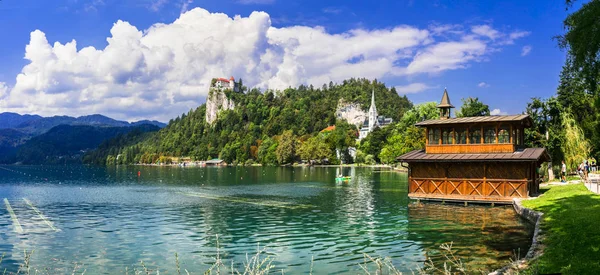 Schöner romantischer See blutete in Slowenien aus. Blick auf Burg und Wald. — Stockfoto