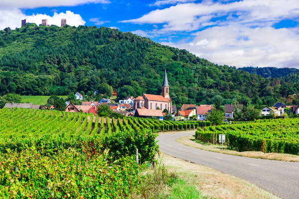 Beautiful countryside of Elsace region- famous "vine route" in France. Husseren les chateaux village
