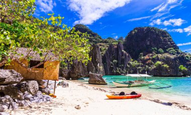 Benzersiz Palawan adasının tropik cenneti. Büyülü El Nido. Filipinler, ada atlaması.
