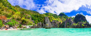 Tropikal doğa ve eşsiz Palawan adasının egzotik güzelliği. Büyülü El Nido. Filipinler, ada atlaması.