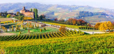 Altın üzüm bağları ve Piedmont 'un ortaçağ kaleleri. Kuzey İtalya 'nın ünlü şarap bölgesi