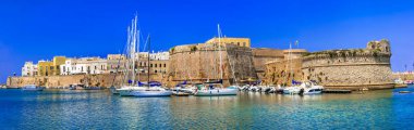 Puglia, İtalya 'nın güneyi. Güzel bir ortaçağ kasabası Gelibolu manzarası. Kaleli deniz manzarası.