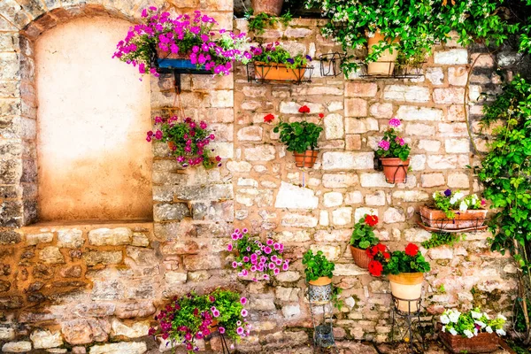 Charmiga Gamla Medeltida Byar Italien Med Typiska Blommiga Smala Gator — Stockfoto