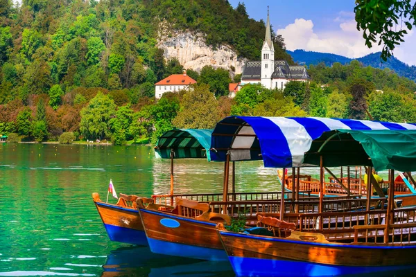Чудове Озеро Блед Словенії Одне Найгарніших Європі Традиційні Дерев Яні — стокове фото