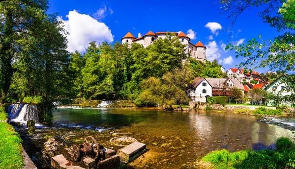 Slovénie Monuments Voyages Château Médiéval Village Zuzemberk Sur Rivière Krka — Photo