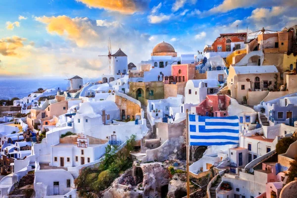 Een Van Iconische Symbolen Van Griekenland Santorini Eiland Kunstwerk Schilderstijl — Stockfoto