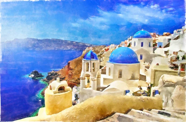 Iconic Santorini Island Blue Domes Oia Greece Symbol Artwork Painting — Stock Photo, Image