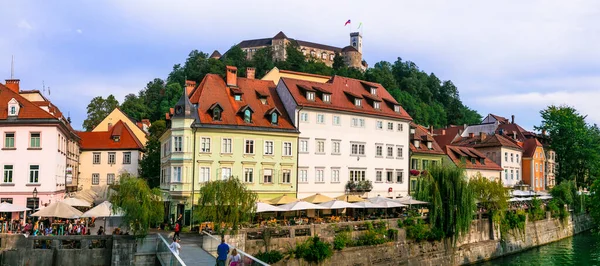 Romantic Beautiful Ljubljana City Capital Slovenia Downtown View Canals Castle — Stock Photo, Image