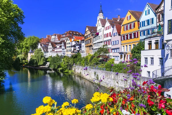 Najbardziej Kolorowe Miasta Tradycyjne Tubingen Miasto Przyćmione Kwiatami Niemcy — Zdjęcie stockowe