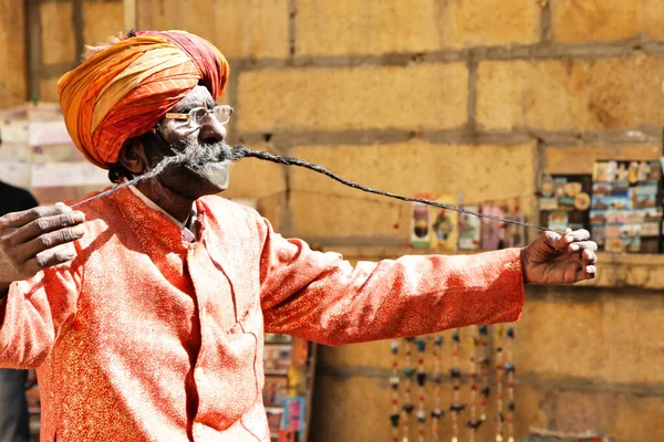 ジャイサルマー旧市街 長い口ひげを持つ有名な男 ラジャスタン州 2013年2月 — ストック写真