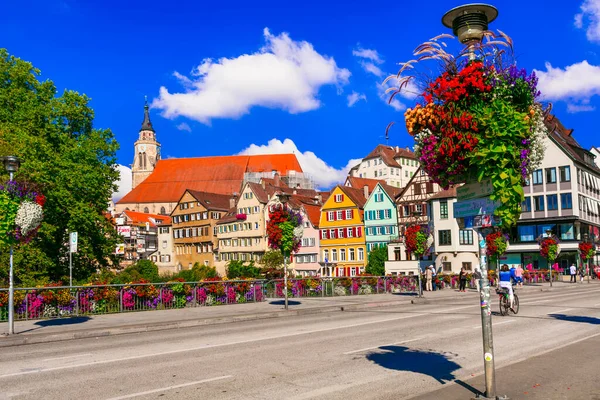 Najbardziej Kolorowe Miasta Tradycyjne Tubingen Miasto Przyćmione Kwiatami Śródmieście Niemcy — Zdjęcie stockowe
