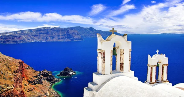 Ikoniska Santorini Den Vackraste Europa Utsikt Med Traditionella Kyrkor Oia — Stockfoto