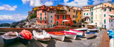 Italy travel, Liguria region. Scenic colorful traditional village Tellaro with old fishing boats. la Spezia province clipart