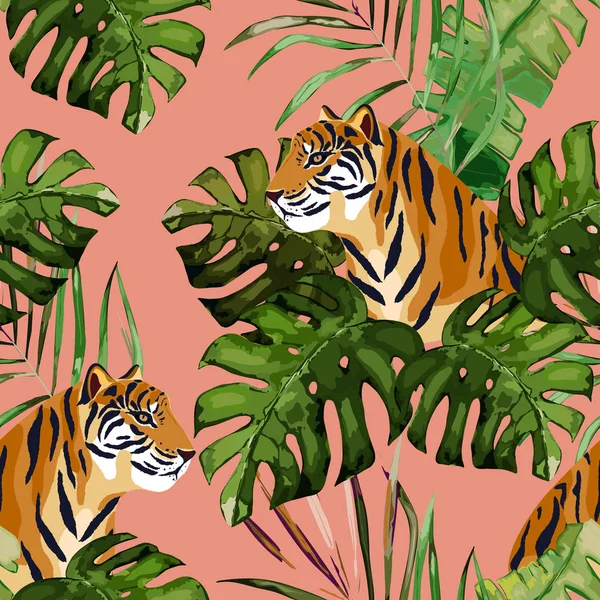 夏季无缝模式 热带印有老虎和棕榈叶 矢量插图 — 图库矢量图片