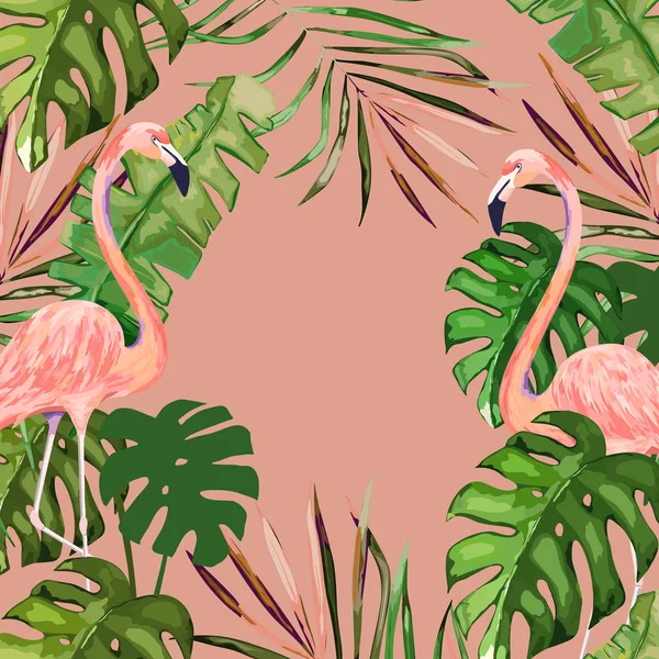 Летнее Знамя Тропическими Листьями Фламинго Фон Джунглей Экзотическое Цветочное Приглашение — стоковый вектор
