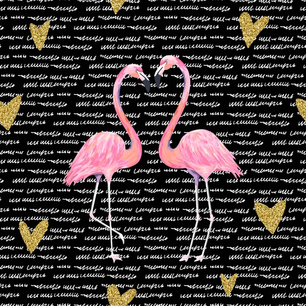 Carta San Valentino Con Cuore Glitter Oro Fenicottero Uccello Stampa — Vettoriale Stock