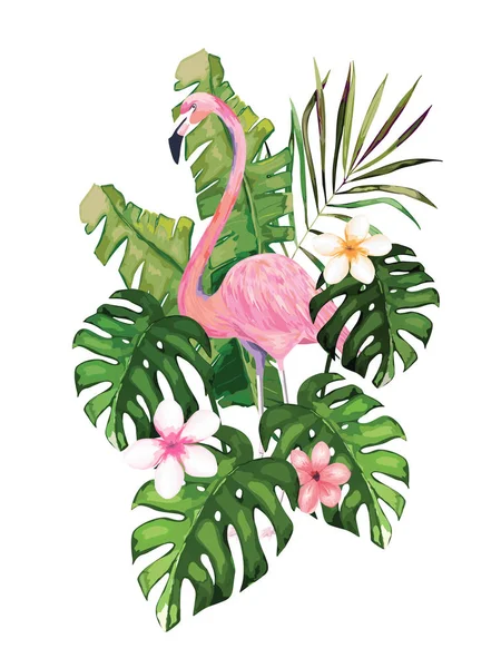 异国情调的夏日版画 有火烈鸟和热带树叶 白色背景上的孤立向量图 — 图库矢量图片