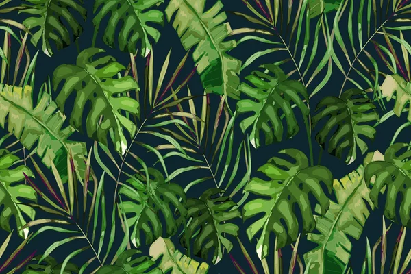 热带无缝图案 棕榈树的叶子和花朵 手绘矢量图 暑期背景 — 图库矢量图片