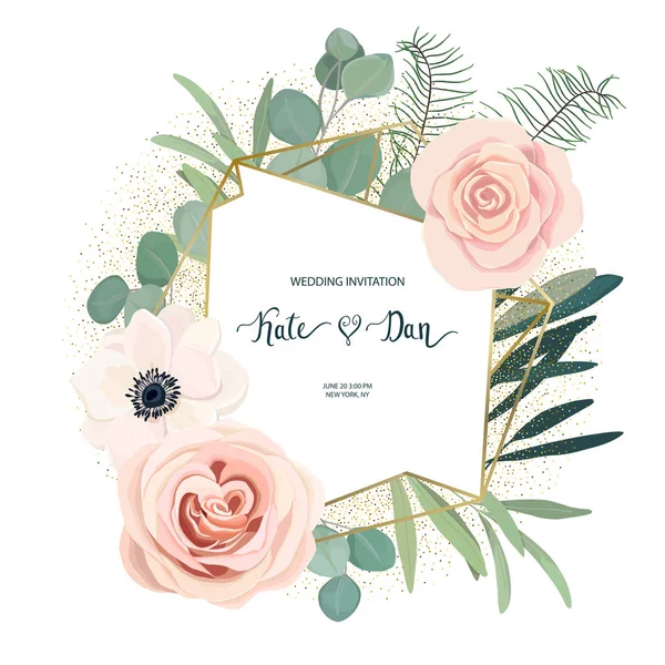 Blomsterramme Med Anemone Rose Eukalyptus Til Bryllup Valentinsdag Fødselsdag Vektorillustration – Stock-vektor