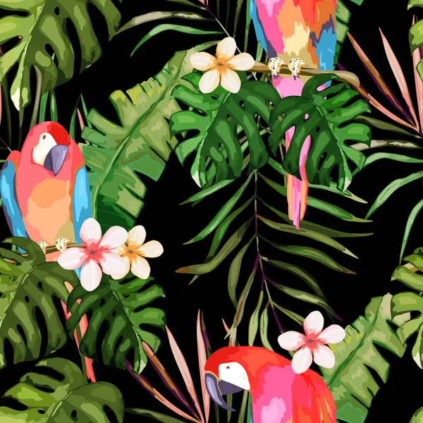 热带无缝模式 棕榈树离开 花和鹦鹉 手绘的向量例证 夏季背景 — 图库矢量图片