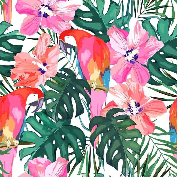 Тропический Бесшовный Рисунок Пальмовый Лист Цветочный Гибискус Попугай Ручной Рисунок — стоковый вектор