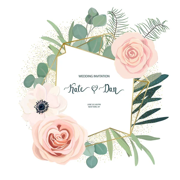 アネモネ ローズ ユーカリの花のフレーム 結婚式 バレンタインデー 誕生日 ベクトルの図 水彩風 — ストックベクタ