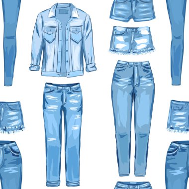 Moda dikişsiz desen. Jean giysi Illustration. Vektör Illu