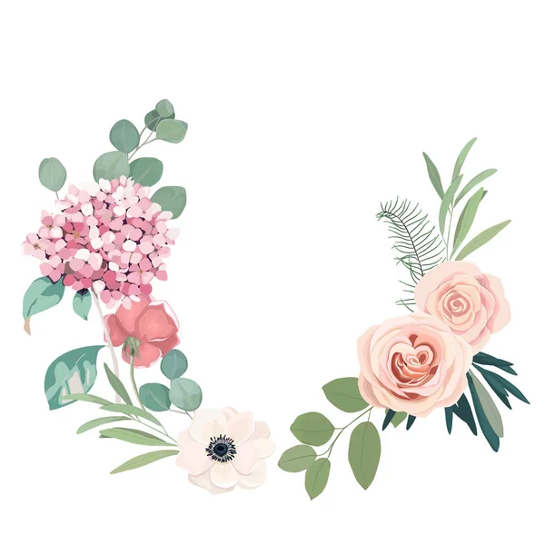 Quadro de fundo da fronteira. Cartão de casamento floral com hortensia, ros — Vetor de Stock